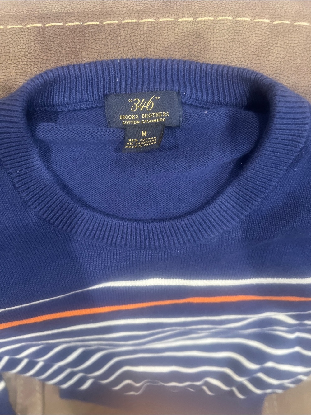 Brooks Brothers Navy Crewneck with White and Orange Stripes